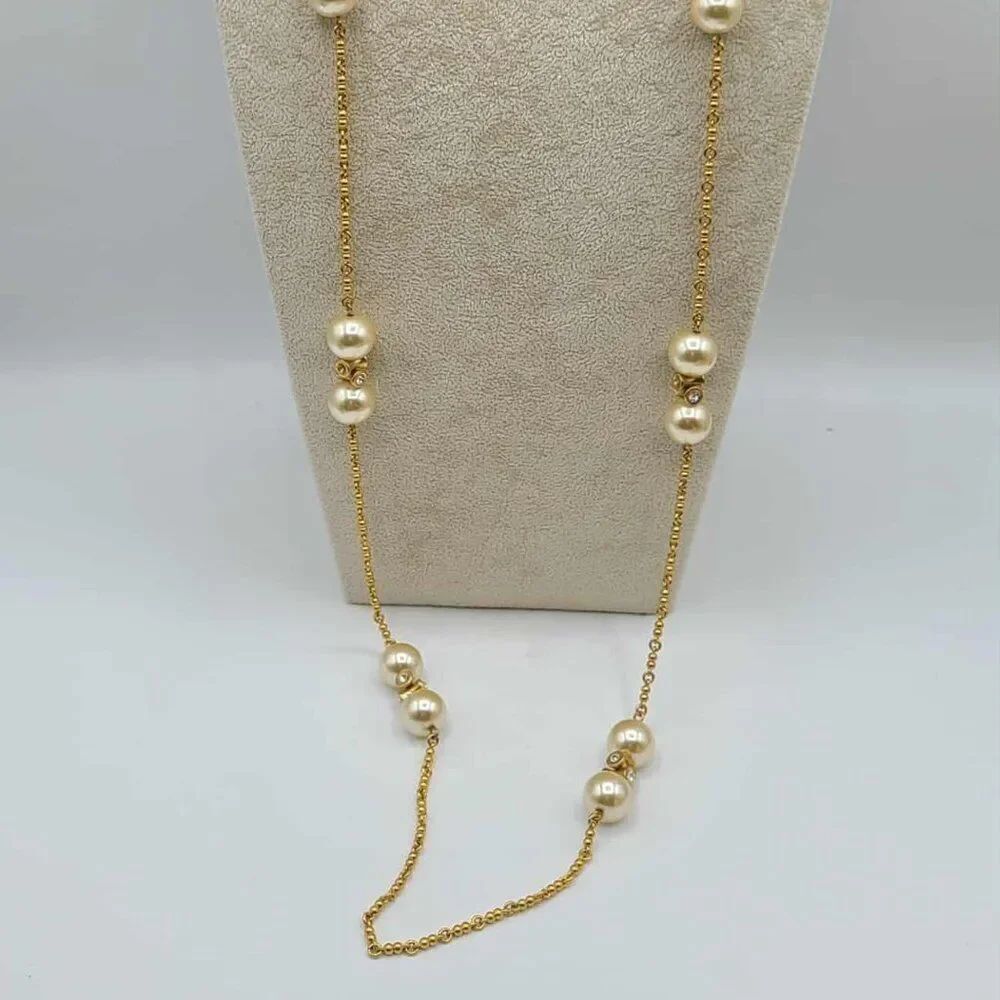 J Crew Champaign Faux Pearl Station Gold Tone crystal Necklace NWOT